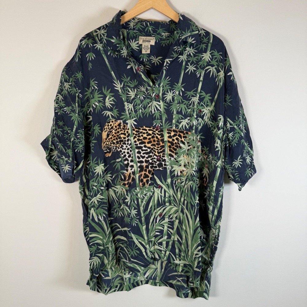 Tori Richard Honolulu 100% Silk Button Up Shirt Top XL Bamboo Leopard Print